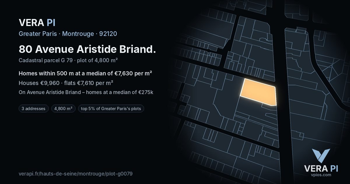80 Avenue Aristide Briand, Montrouge at night – the plot lit, the parcels around coloured by the prices near them