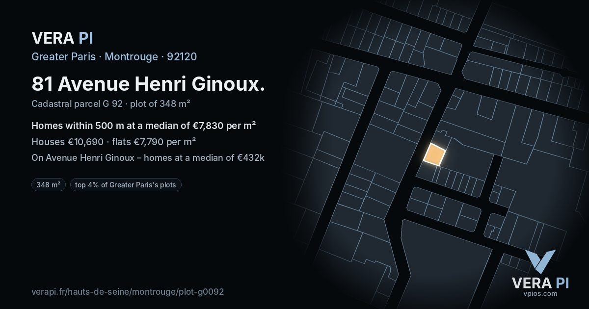 81 Avenue Henri Ginoux, Montrouge at night – the plot lit, the parcels around coloured by the prices near them