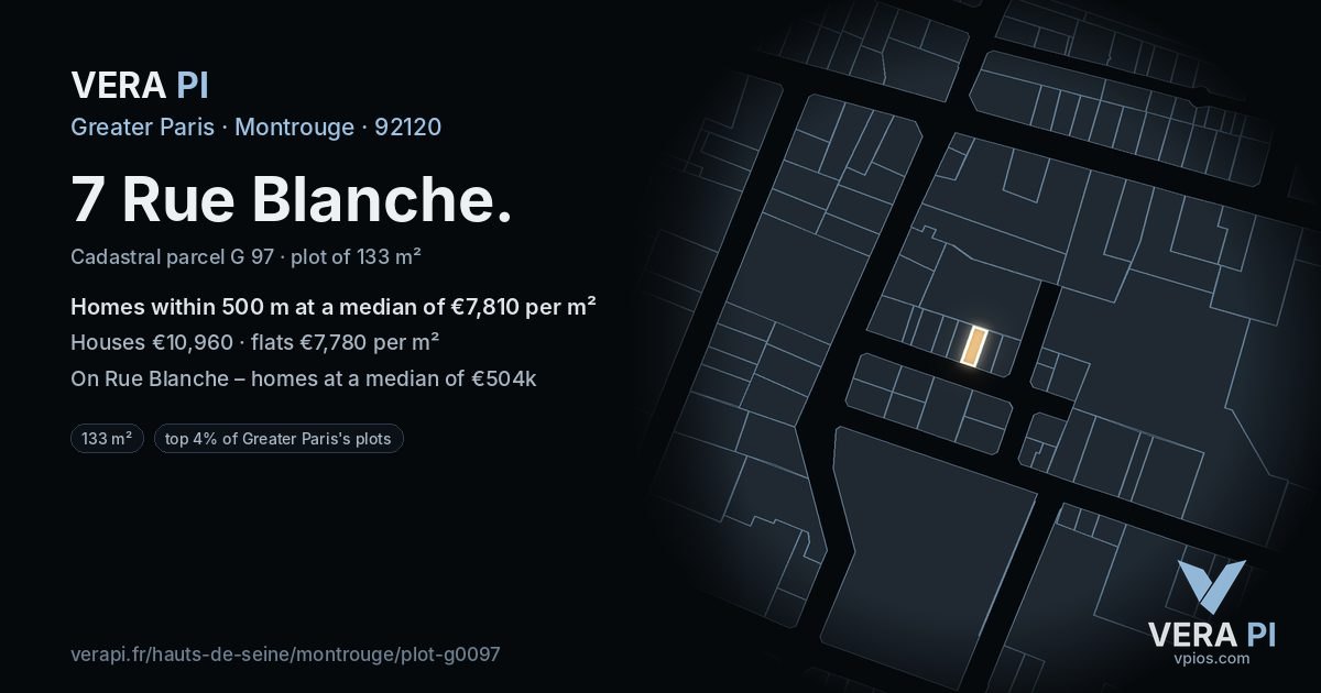7 Rue Blanche, Montrouge at night – the plot lit, the parcels around coloured by the prices near them
