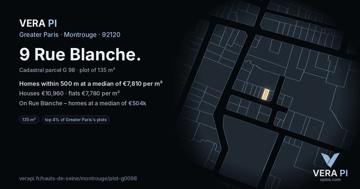 9 Rue Blanche, Montrouge at night – the plot lit, the parcels around coloured by the prices near them