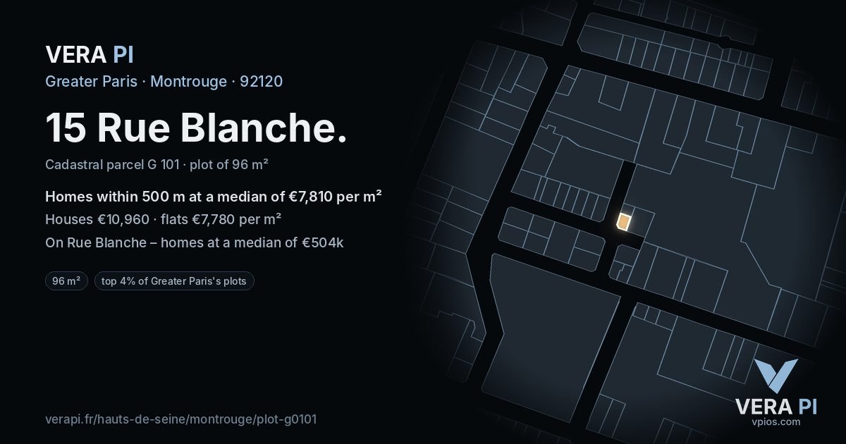 15 Rue Blanche, Montrouge at night – the plot lit, the parcels around coloured by the prices near them