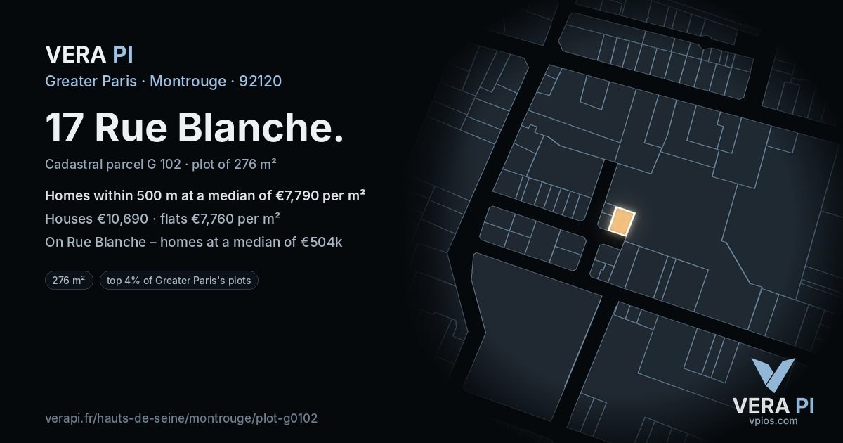 17 Rue Blanche, Montrouge at night – the plot lit, the parcels around coloured by the prices near them