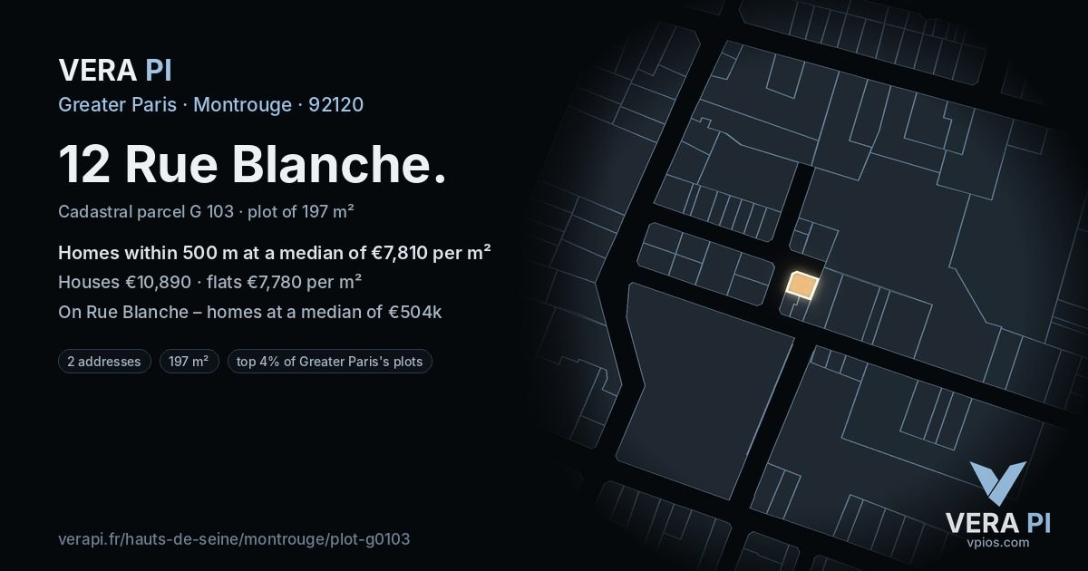 12 Rue Blanche, Montrouge at night – the plot lit, the parcels around coloured by the prices near them