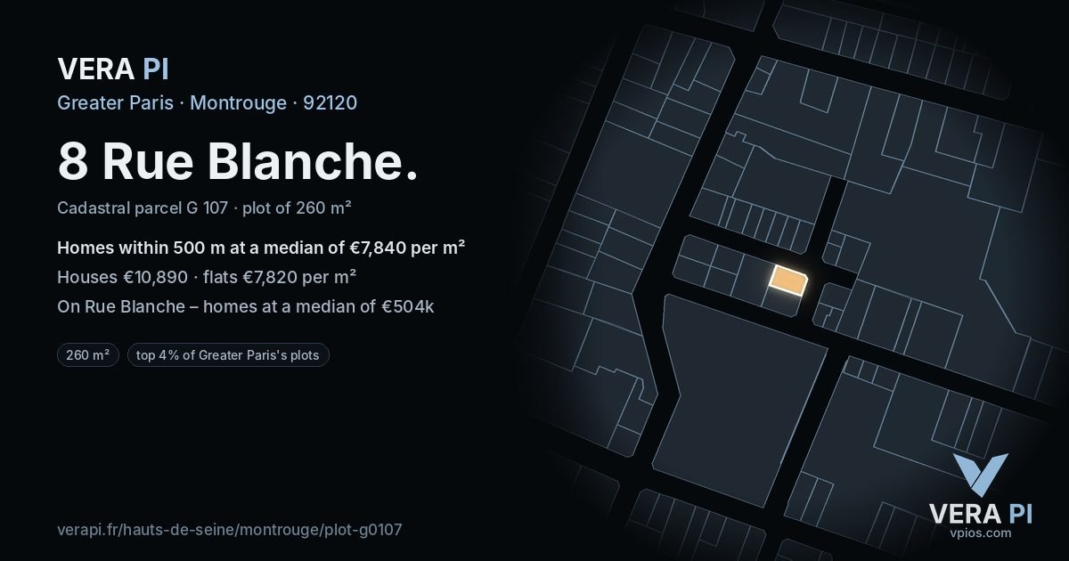 8 Rue Blanche, Montrouge at night – the plot lit, the parcels around coloured by the prices near them