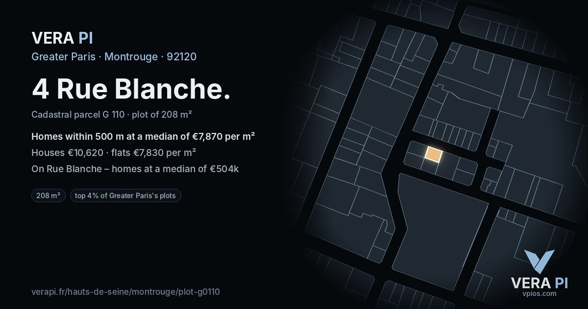 4 Rue Blanche, Montrouge at night – the plot lit, the parcels around coloured by the prices near them