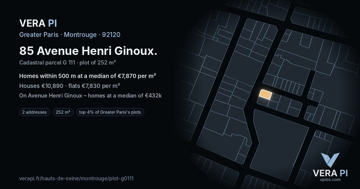 85 Avenue Henri Ginoux, Montrouge at night – the plot lit, the parcels around coloured by the prices near them