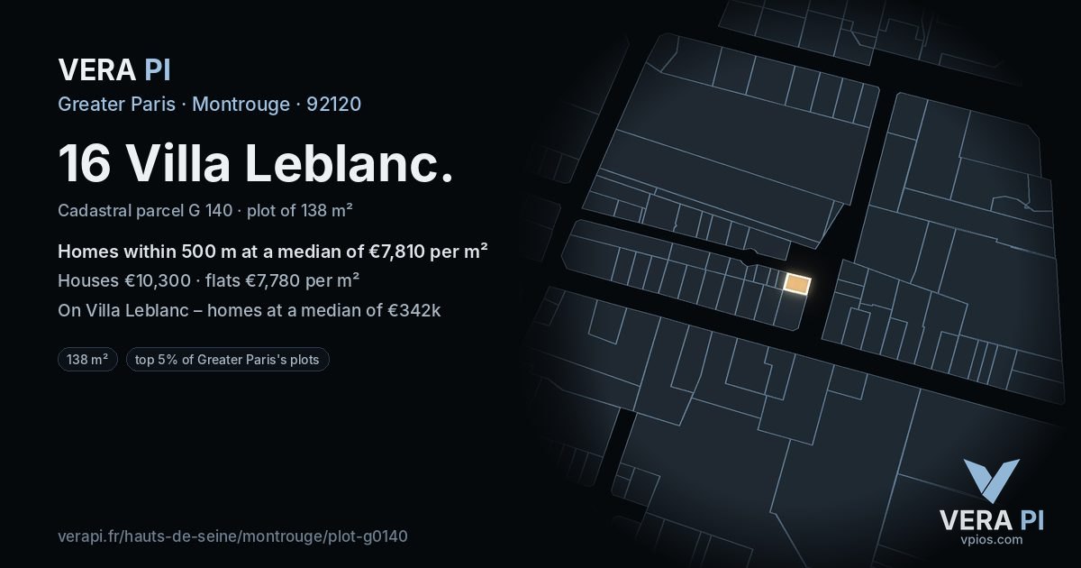 16 Villa Leblanc, Montrouge at night – the plot lit, the parcels around coloured by the prices near them
