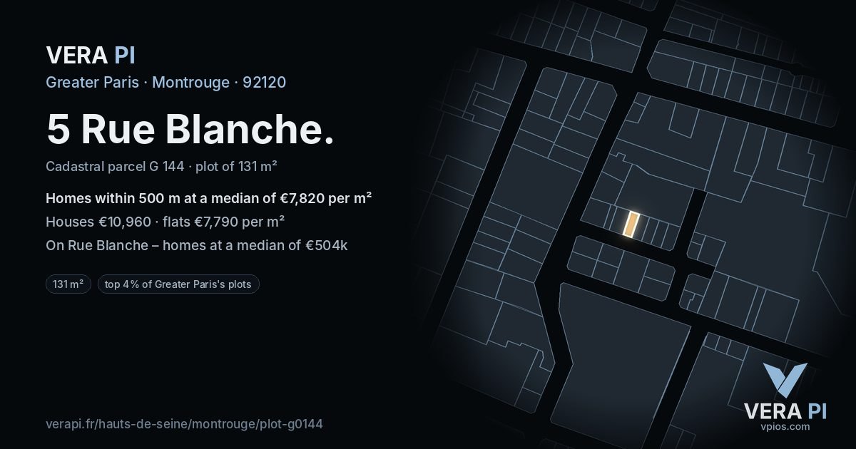 5 Rue Blanche, Montrouge at night – the plot lit, the parcels around coloured by the prices near them