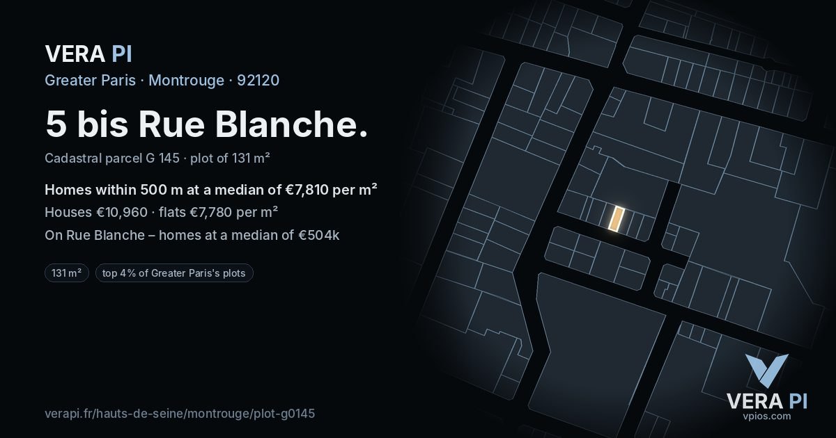 5 bis Rue Blanche, Montrouge at night – the plot lit, the parcels around coloured by the prices near them