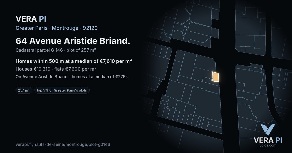 64 Avenue Aristide Briand, Montrouge at night – the plot lit, the parcels around coloured by the prices near them