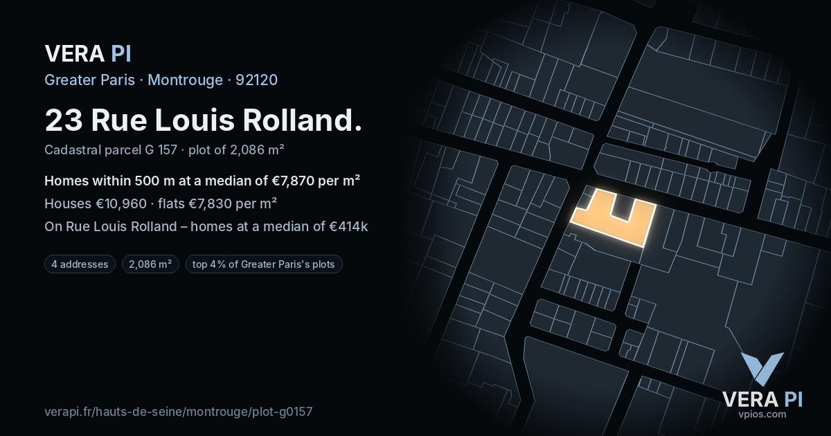 23 Rue Louis Rolland, Montrouge at night – the plot lit, the parcels around coloured by the prices near them