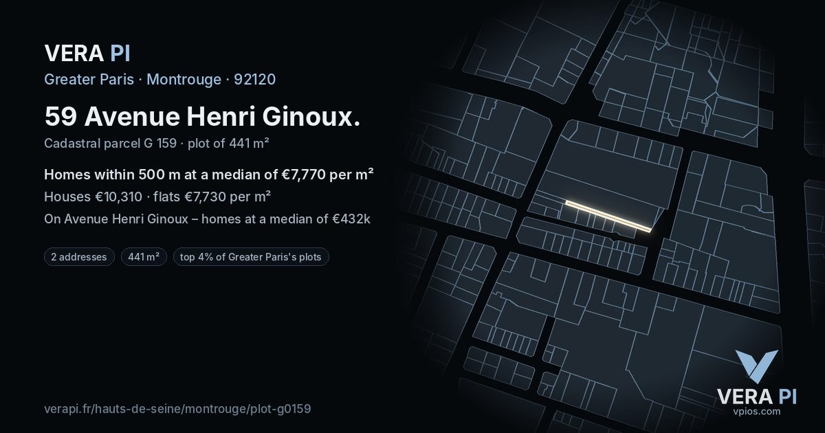 59 Avenue Henri Ginoux, Montrouge at night – the plot lit, the parcels around coloured by the prices near them