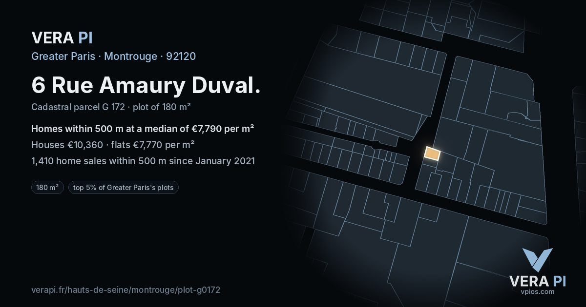 6 Rue Amaury Duval, Montrouge at night – the plot lit, the parcels around coloured by the prices near them