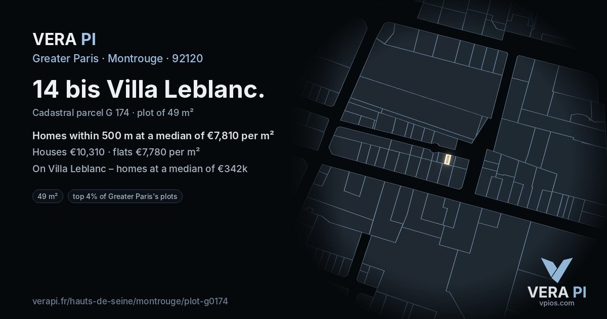 14 bis Villa Leblanc, Montrouge at night – the plot lit, the parcels around coloured by the prices near them