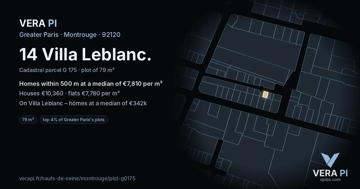 14 Villa Leblanc, Montrouge at night – the plot lit, the parcels around coloured by the prices near them