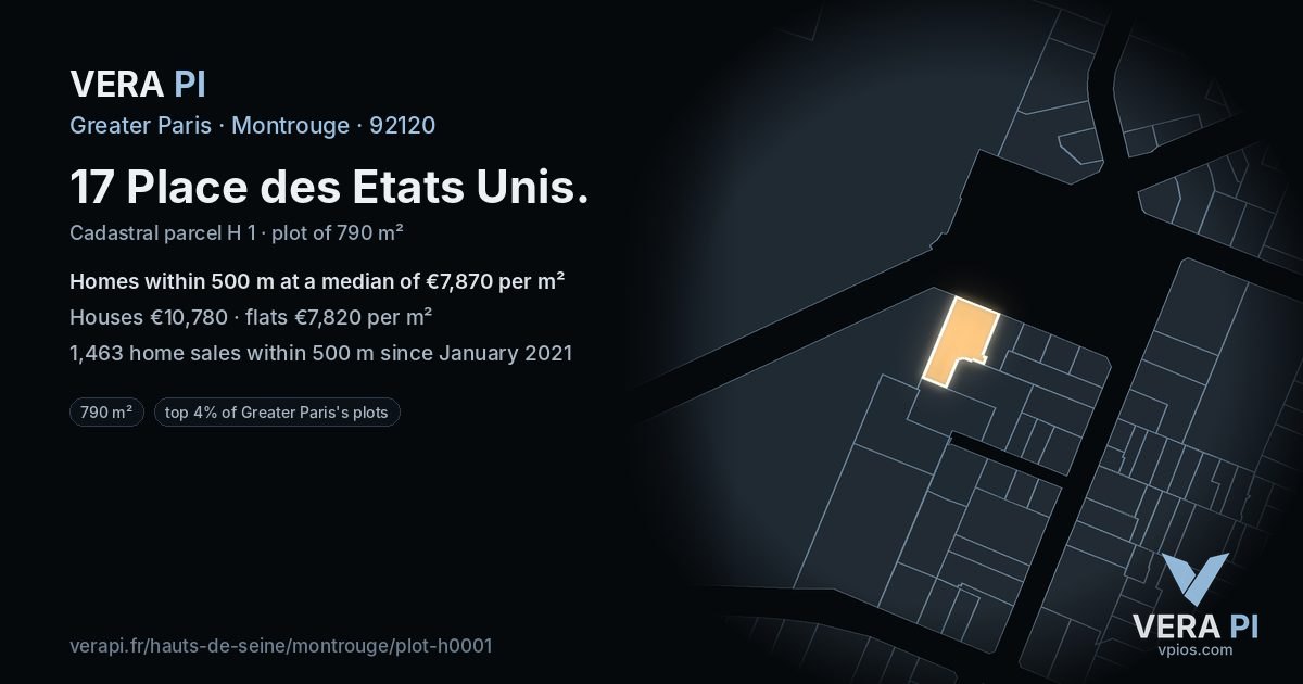 17 Place des Etats Unis, Montrouge at night – the plot lit, the parcels around coloured by the prices near them