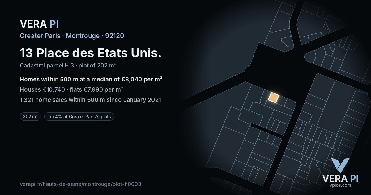 13 Place des Etats Unis, Montrouge at night – the plot lit, the parcels around coloured by the prices near them
