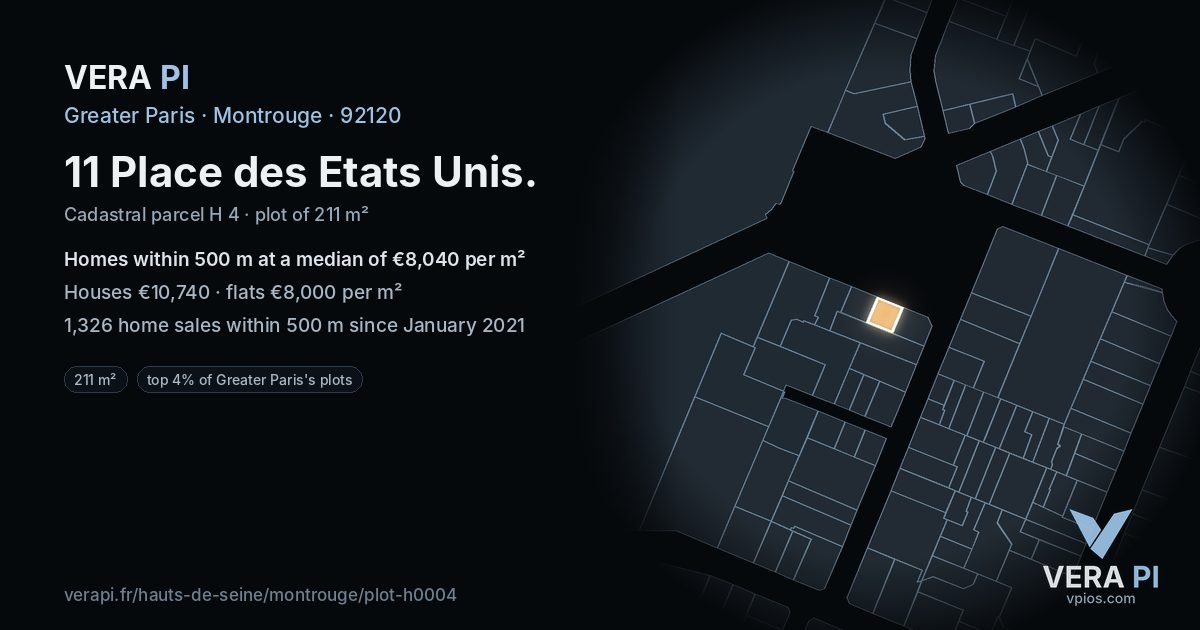 11 Place des Etats Unis, Montrouge at night – the plot lit, the parcels around coloured by the prices near them