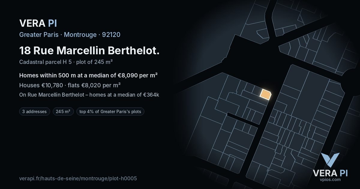 18 Rue Marcellin Berthelot, Montrouge at night – the plot lit, the parcels around coloured by the prices near them