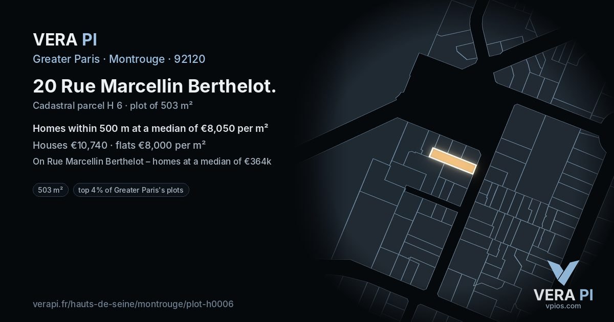 20 Rue Marcellin Berthelot, Montrouge at night – the plot lit, the parcels around coloured by the prices near them