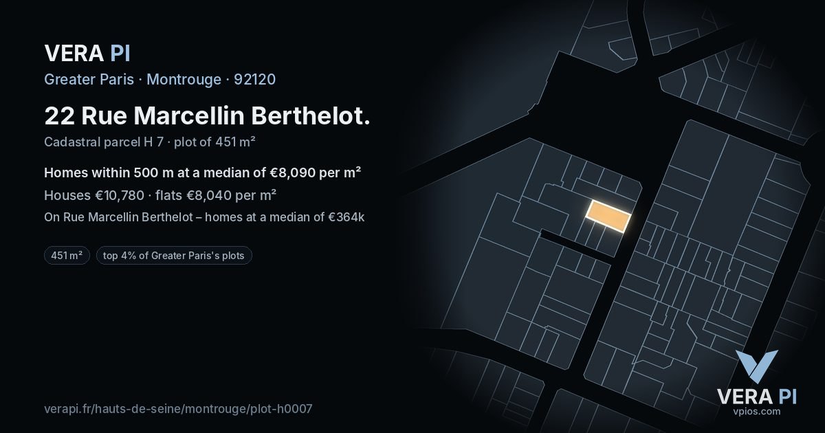 22 Rue Marcellin Berthelot, Montrouge at night – the plot lit, the parcels around coloured by the prices near them