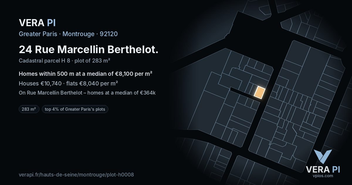 24 Rue Marcellin Berthelot, Montrouge at night – the plot lit, the parcels around coloured by the prices near them
