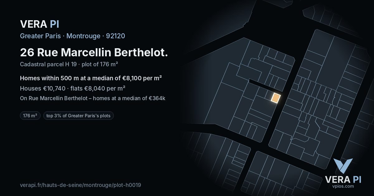 26 Rue Marcellin Berthelot, Montrouge at night – the plot lit, the parcels around coloured by the prices near them