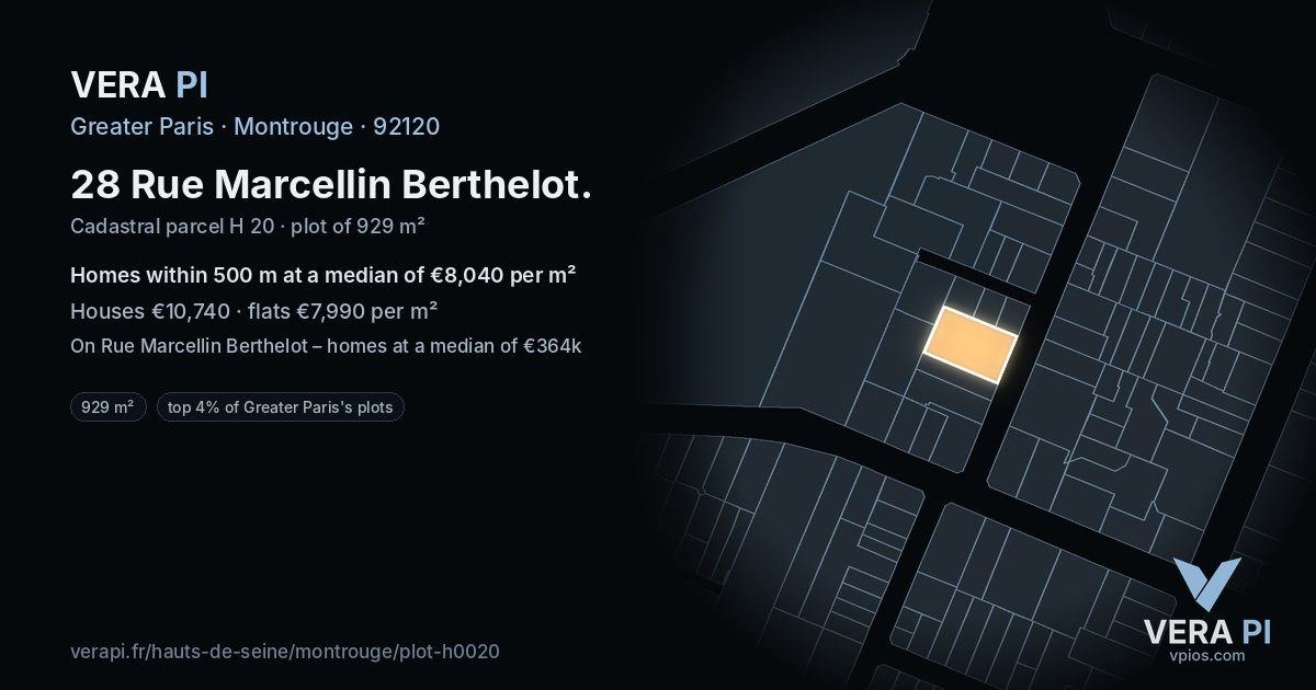 28 Rue Marcellin Berthelot, Montrouge at night – the plot lit, the parcels around coloured by the prices near them