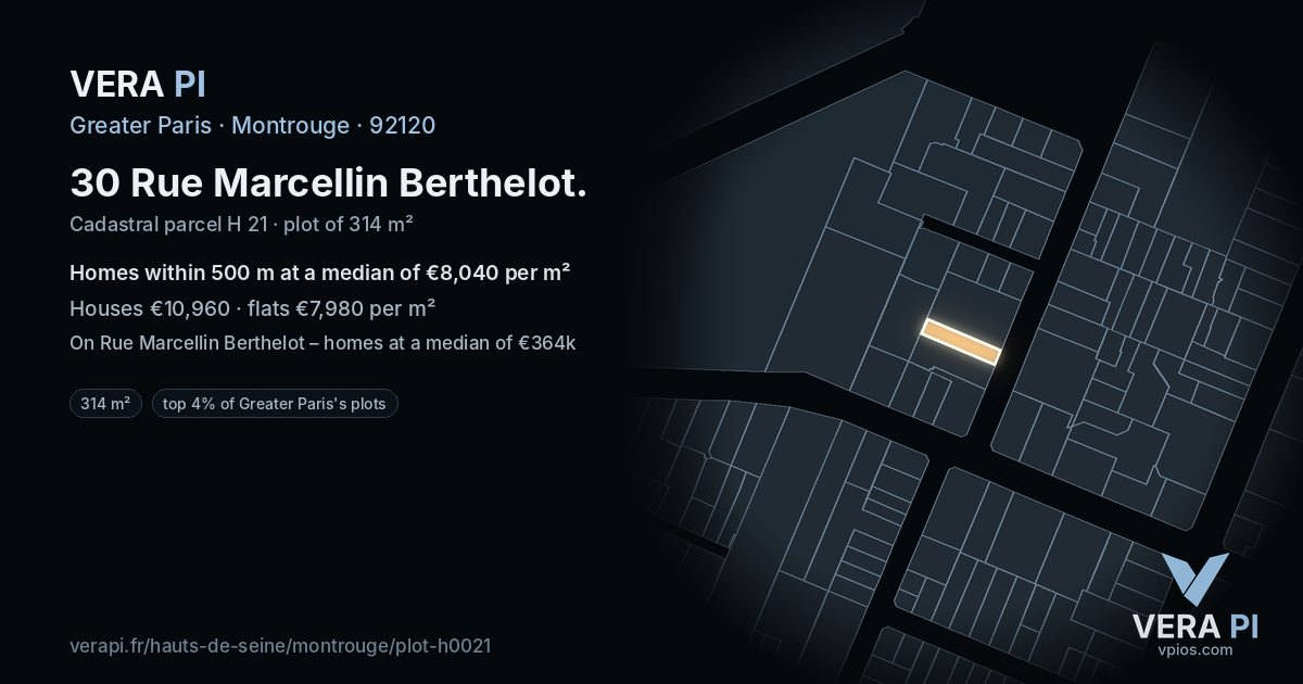 30 Rue Marcellin Berthelot, Montrouge at night – the plot lit, the parcels around coloured by the prices near them