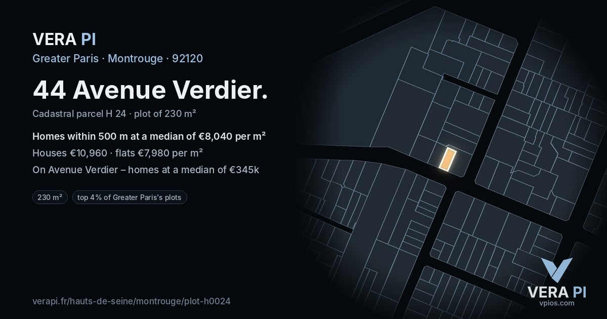 44 Avenue Verdier, Montrouge at night – the plot lit, the parcels around coloured by the prices near them