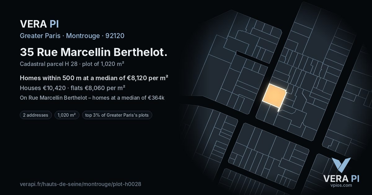 35 Rue Marcellin Berthelot, Montrouge at night – the plot lit, the parcels around coloured by the prices near them