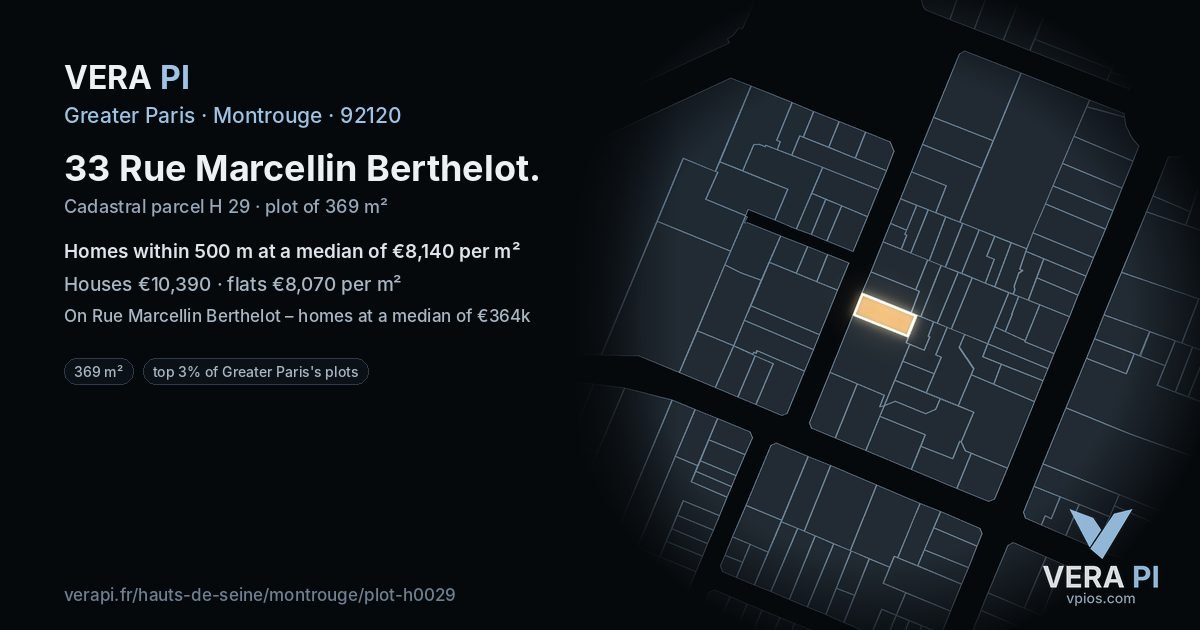 33 Rue Marcellin Berthelot, Montrouge at night – the plot lit, the parcels around coloured by the prices near them