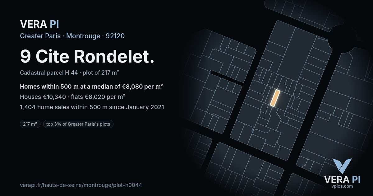9 Cite Rondelet, Montrouge at night – the plot lit, the parcels around coloured by the prices near them