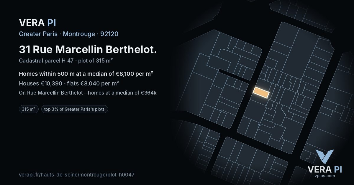 31 Rue Marcellin Berthelot, Montrouge at night – the plot lit, the parcels around coloured by the prices near them