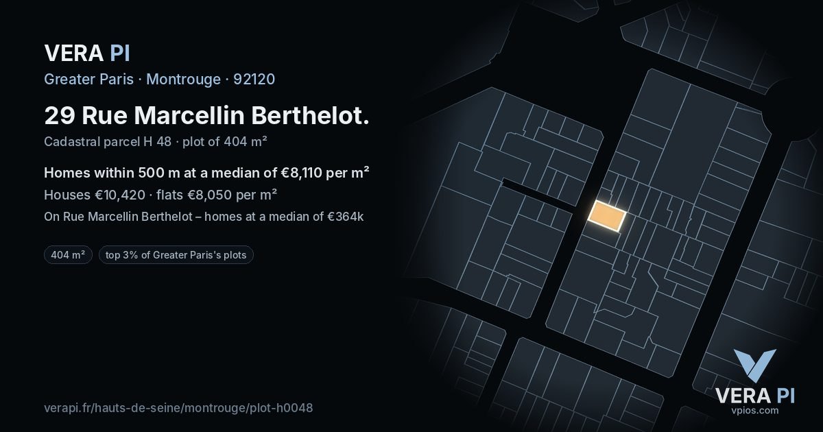 29 Rue Marcellin Berthelot, Montrouge at night – the plot lit, the parcels around coloured by the prices near them