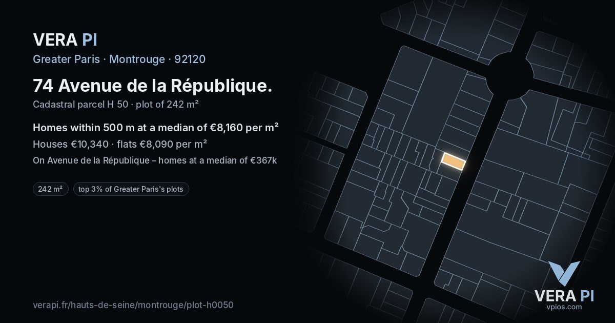 74 Avenue de la République, Montrouge at night – the plot lit, the parcels around coloured by the prices near them