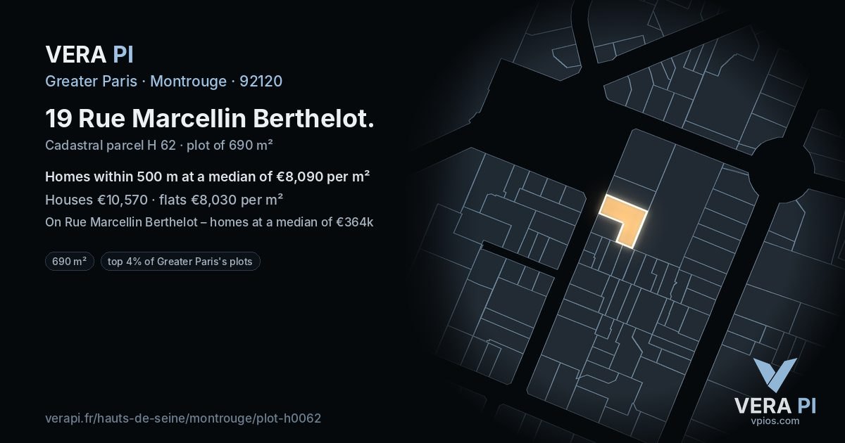 19 Rue Marcellin Berthelot, Montrouge at night – the plot lit, the parcels around coloured by the prices near them