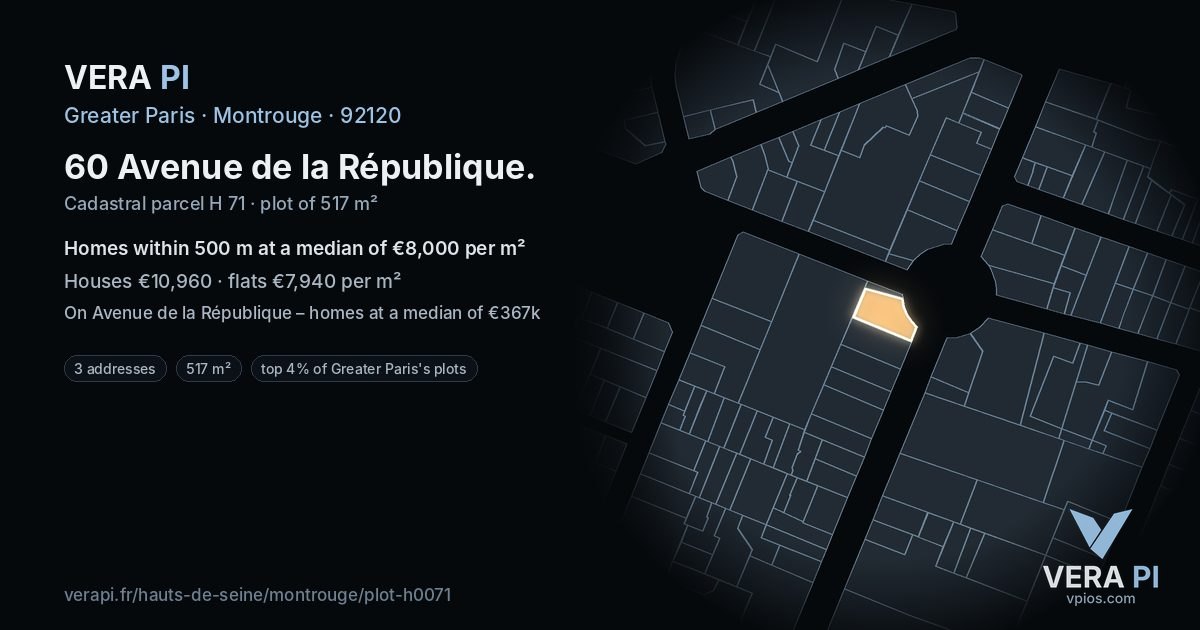60 Avenue de la République, Montrouge at night – the plot lit, the parcels around coloured by the prices near them