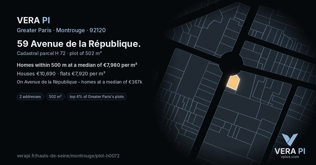 59 Avenue de la République, Montrouge at night – the plot lit, the parcels around coloured by the prices near them