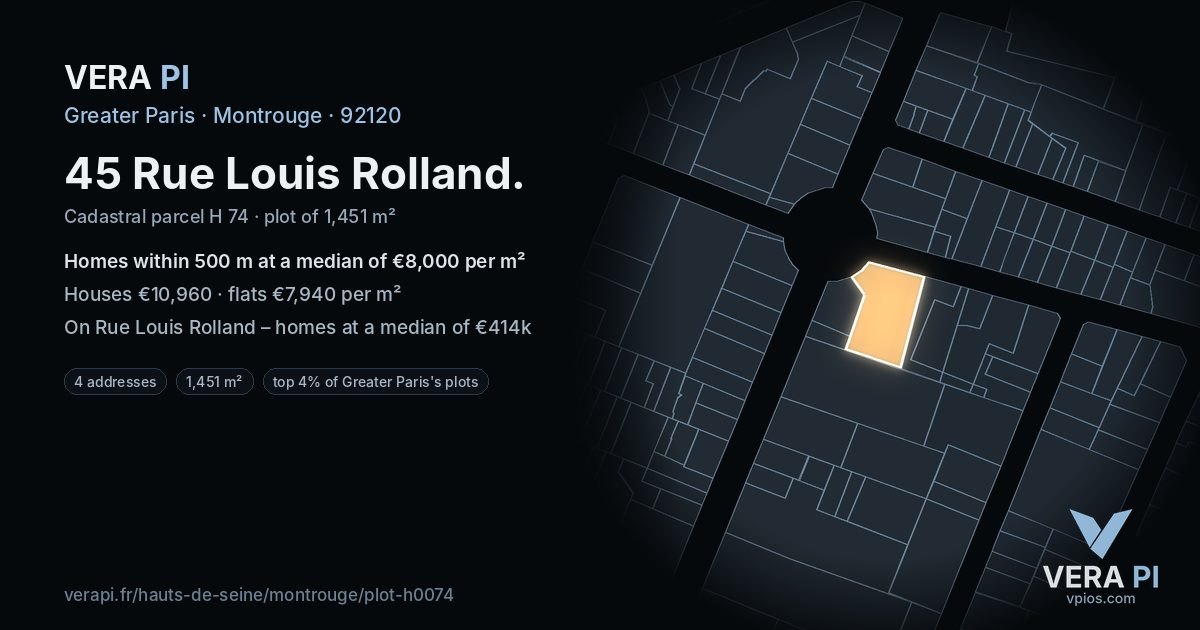 45 Rue Louis Rolland, Montrouge at night – the plot lit, the parcels around coloured by the prices near them