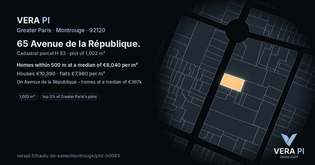 65 Avenue de la République, Montrouge at night – the plot lit, the parcels around coloured by the prices near them