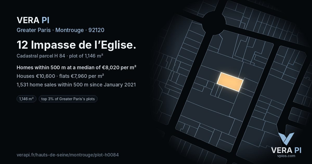 12 Impasse de l’Eglise, Montrouge at night – the plot lit, the parcels around coloured by the prices near them