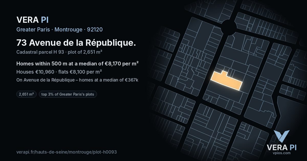 73 Avenue de la République, Montrouge at night – the plot lit, the parcels around coloured by the prices near them