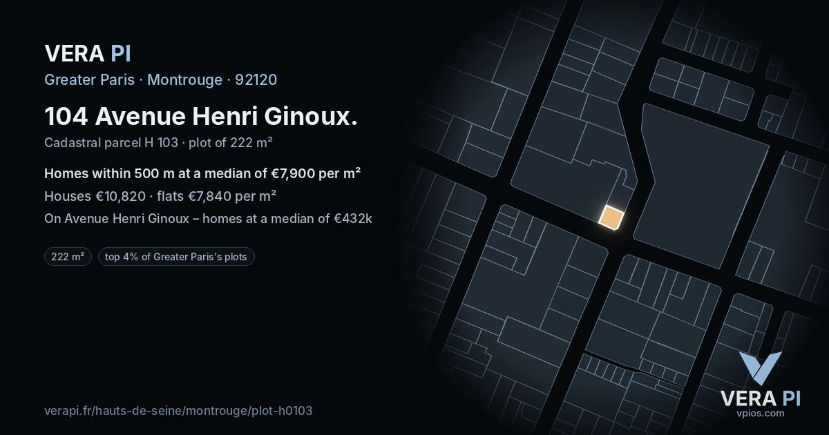 104 Avenue Henri Ginoux, Montrouge at night – the plot lit, the parcels around coloured by the prices near them