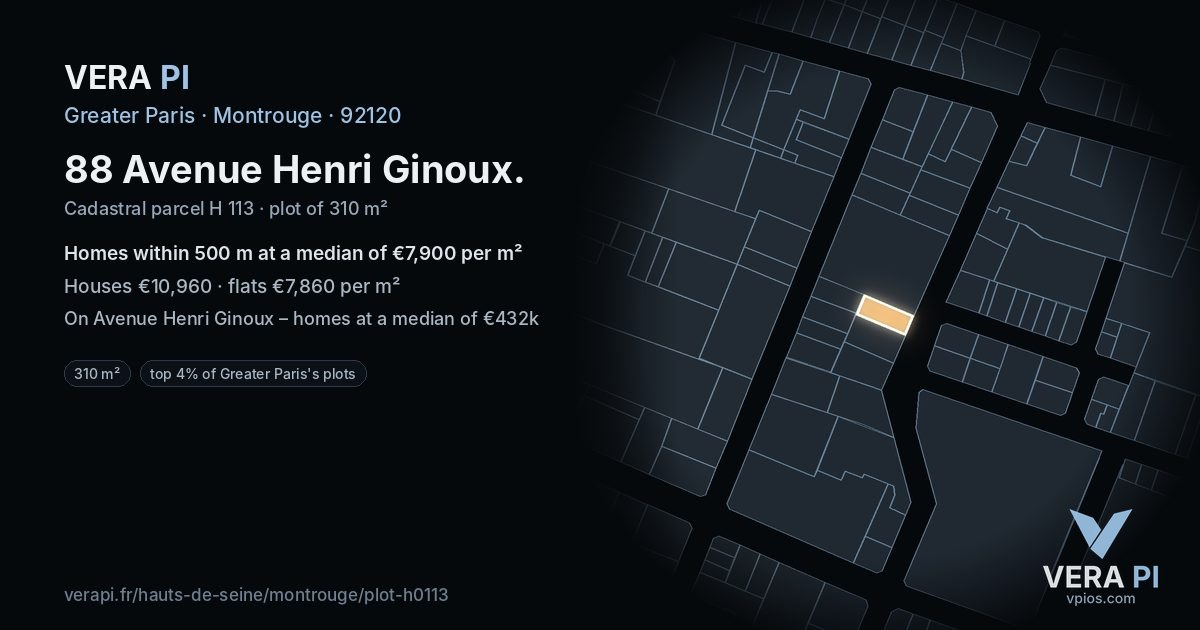 88 Avenue Henri Ginoux, Montrouge at night – the plot lit, the parcels around coloured by the prices near them