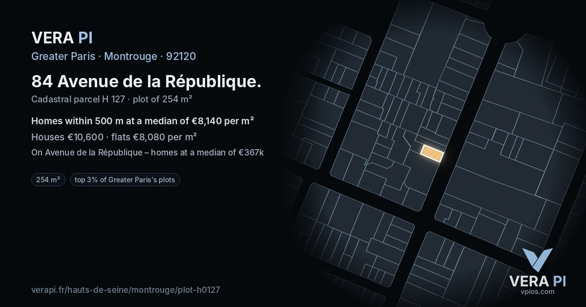 84 Avenue de la République, Montrouge at night – the plot lit, the parcels around coloured by the prices near them