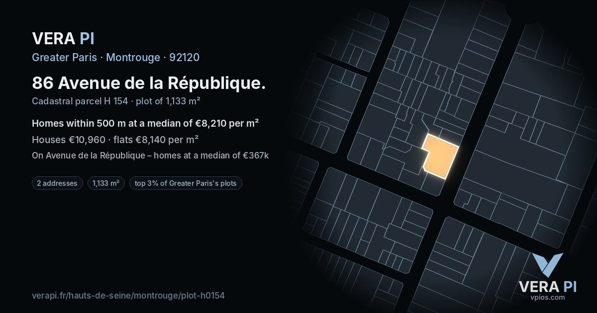 86 Avenue de la République, Montrouge at night – the plot lit, the parcels around coloured by the prices near them