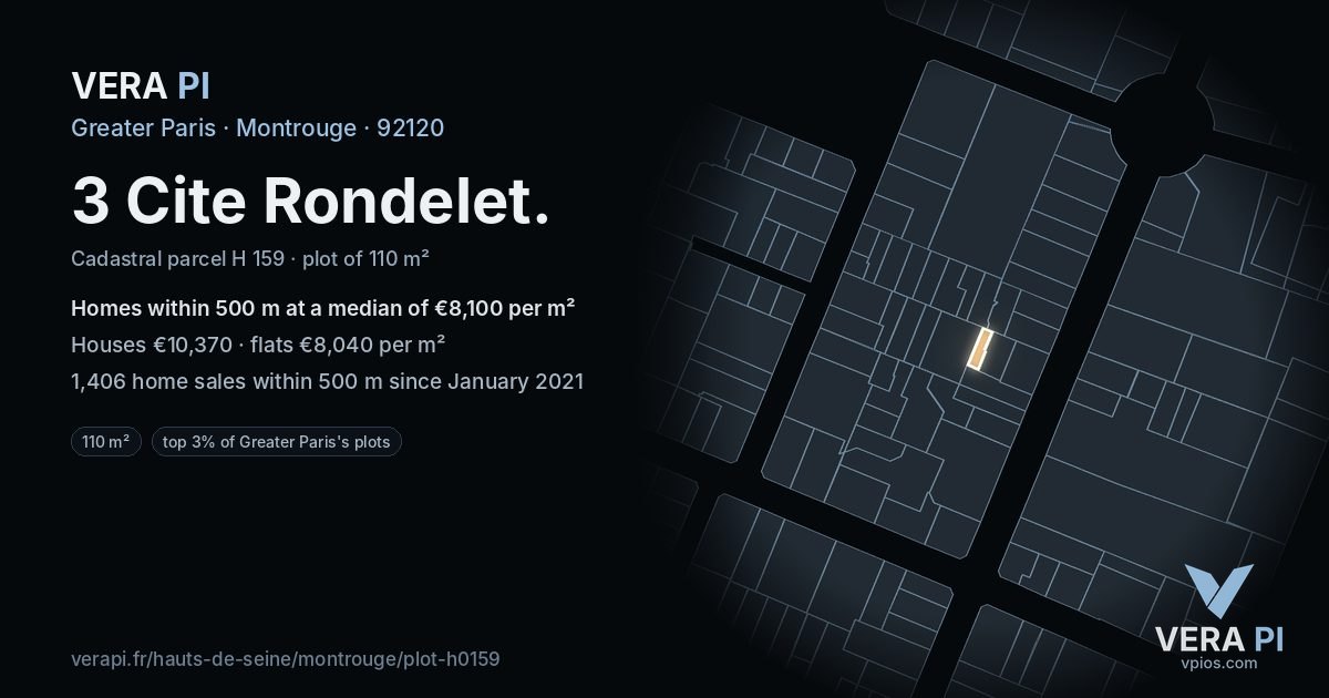 3 Cite Rondelet, Montrouge at night – the plot lit, the parcels around coloured by the prices near them