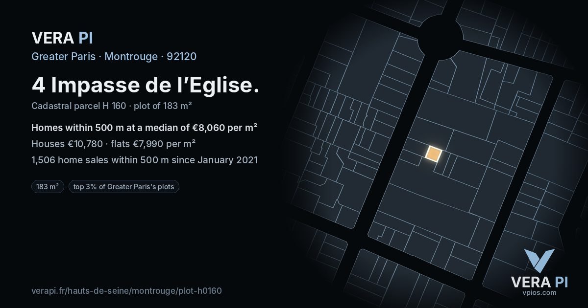 4 Impasse de l’Eglise, Montrouge at night – the plot lit, the parcels around coloured by the prices near them