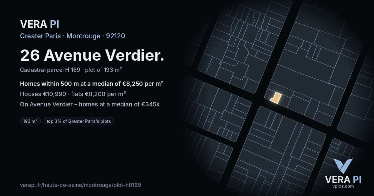 26 Avenue Verdier, Montrouge at night – the plot lit, the parcels around coloured by the prices near them